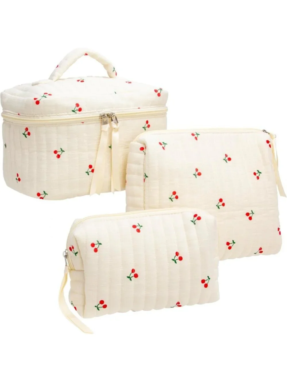 3 Piece Quilted Makeup Bag Set - Cute Zipper Organizer for Cosmetics, Toiletries